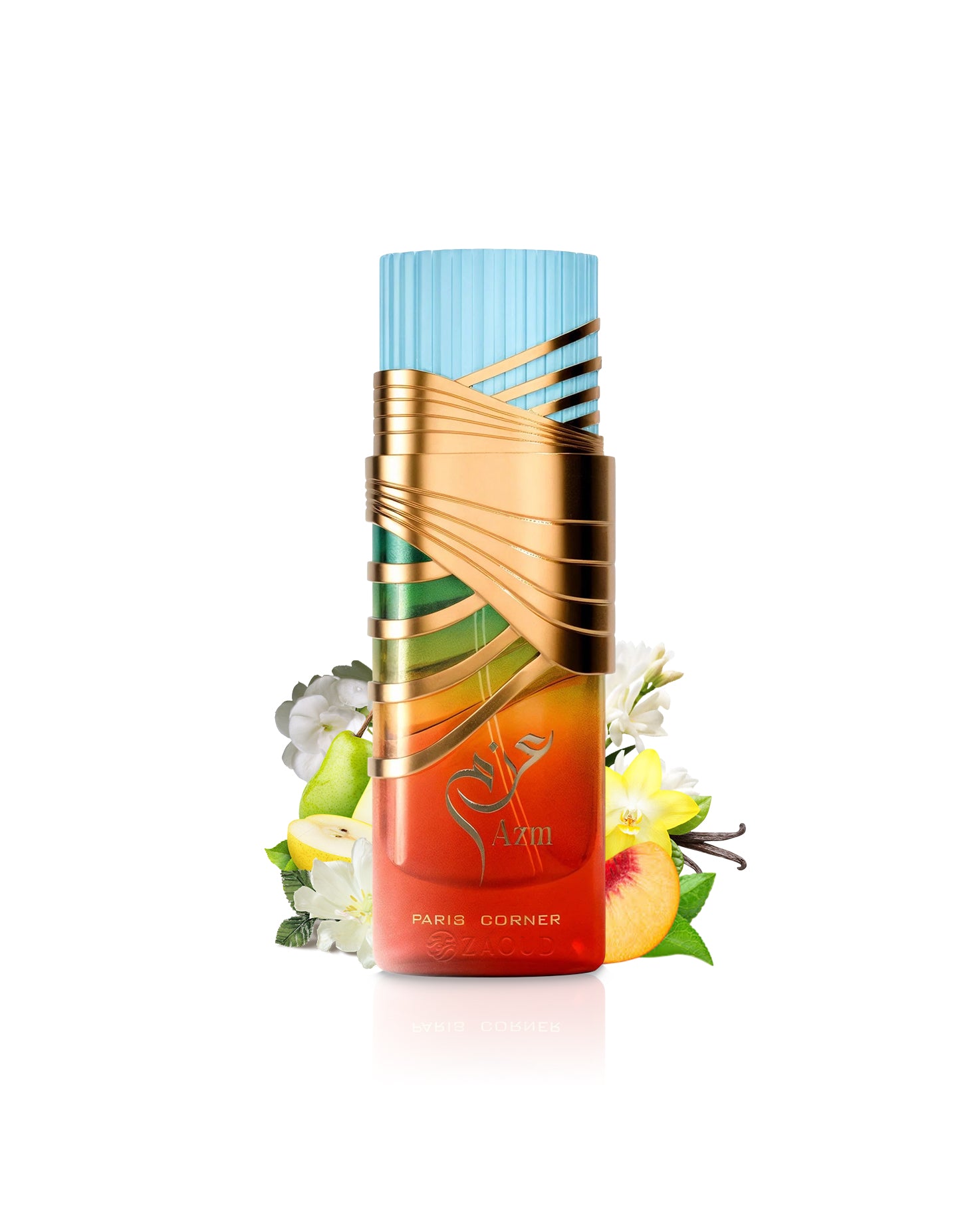 paris corner azm Perfume bottle with decorative elements like peach vanilla on a white background