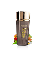 paris corner mysterium perfume bottle surrounded with fragrance notes like labdanuma nd rose shows against white background