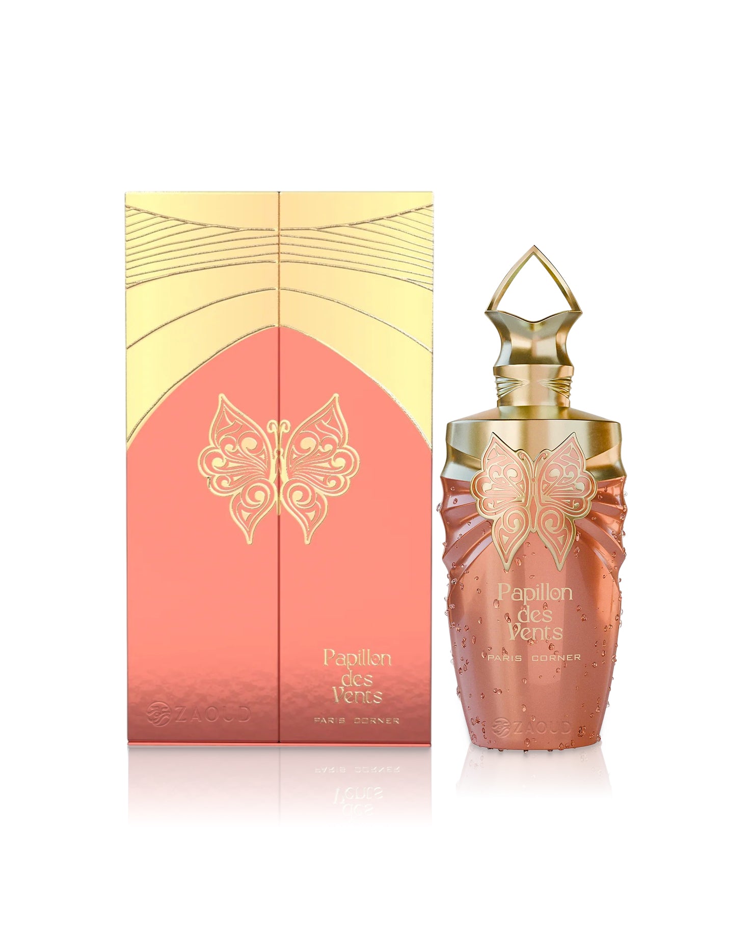paris corner papillon des vents perfume bottle shows beside its packaging against white background
