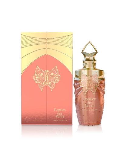 paris corner papillon des vents perfume bottle shows beside its packaging against white background