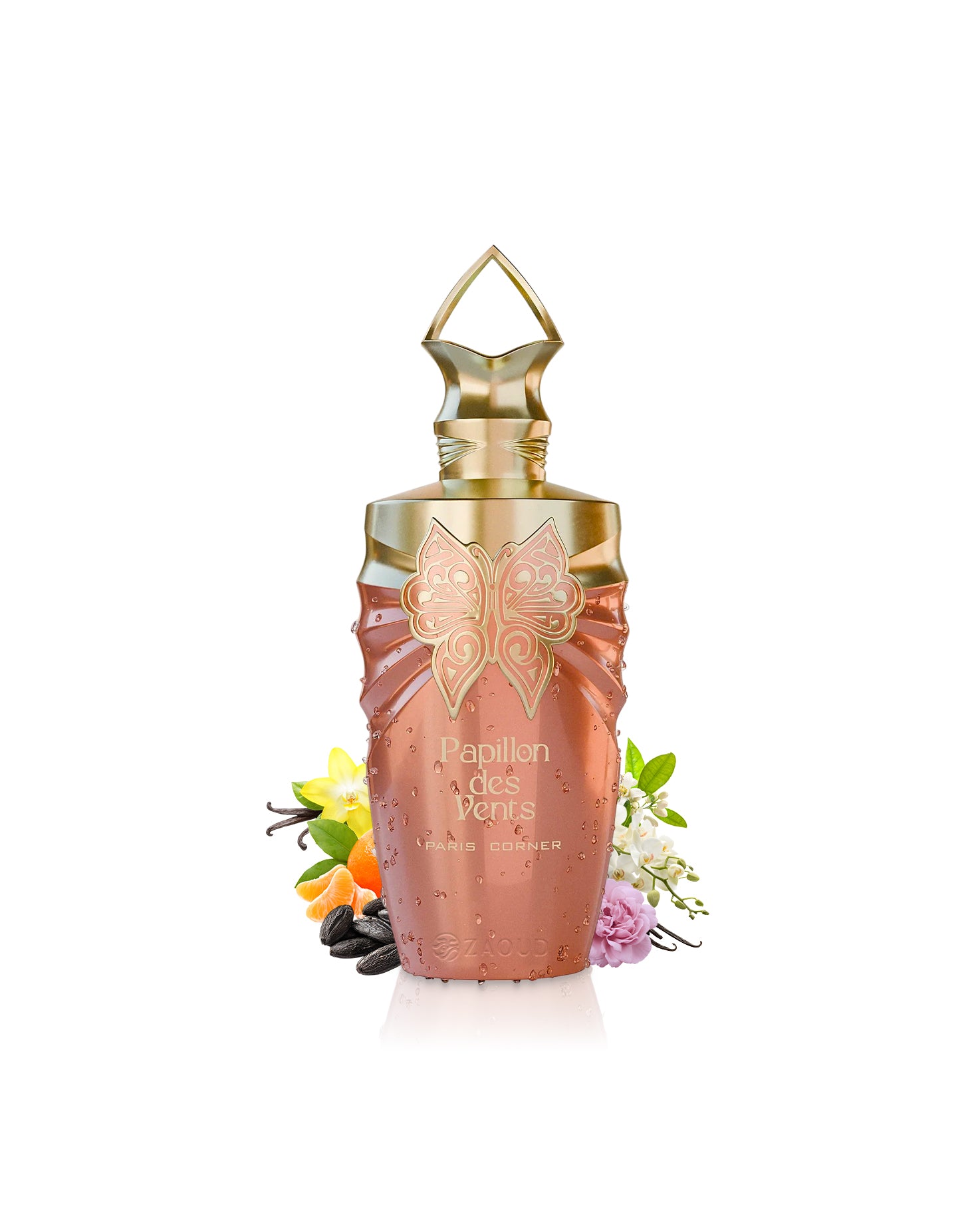 paris corner papillon des vents perfume bottle surrounded by fragrance notes like tonka and peony shows against white background