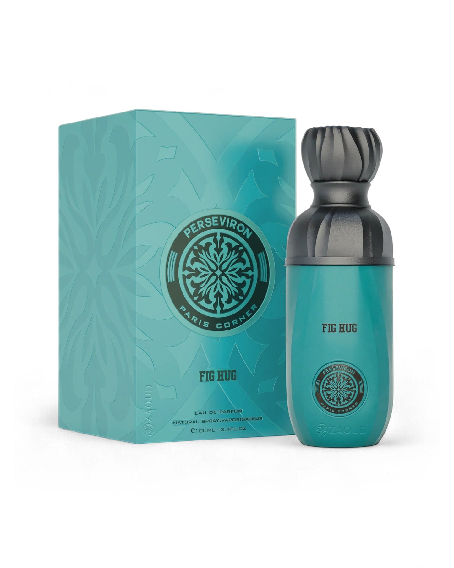 paris corner Perseviron Fig hug perfume bottle and packaging on a white background