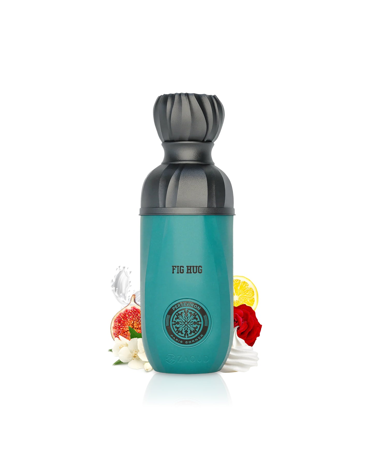 paris corner perseviron fig hug Teal water bottle with black cap surrounded by fig and whipped cream shows on a white background