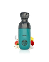 paris corner perseviron fig hug Teal water bottle with black cap surrounded by fig and whipped cream shows on a white background