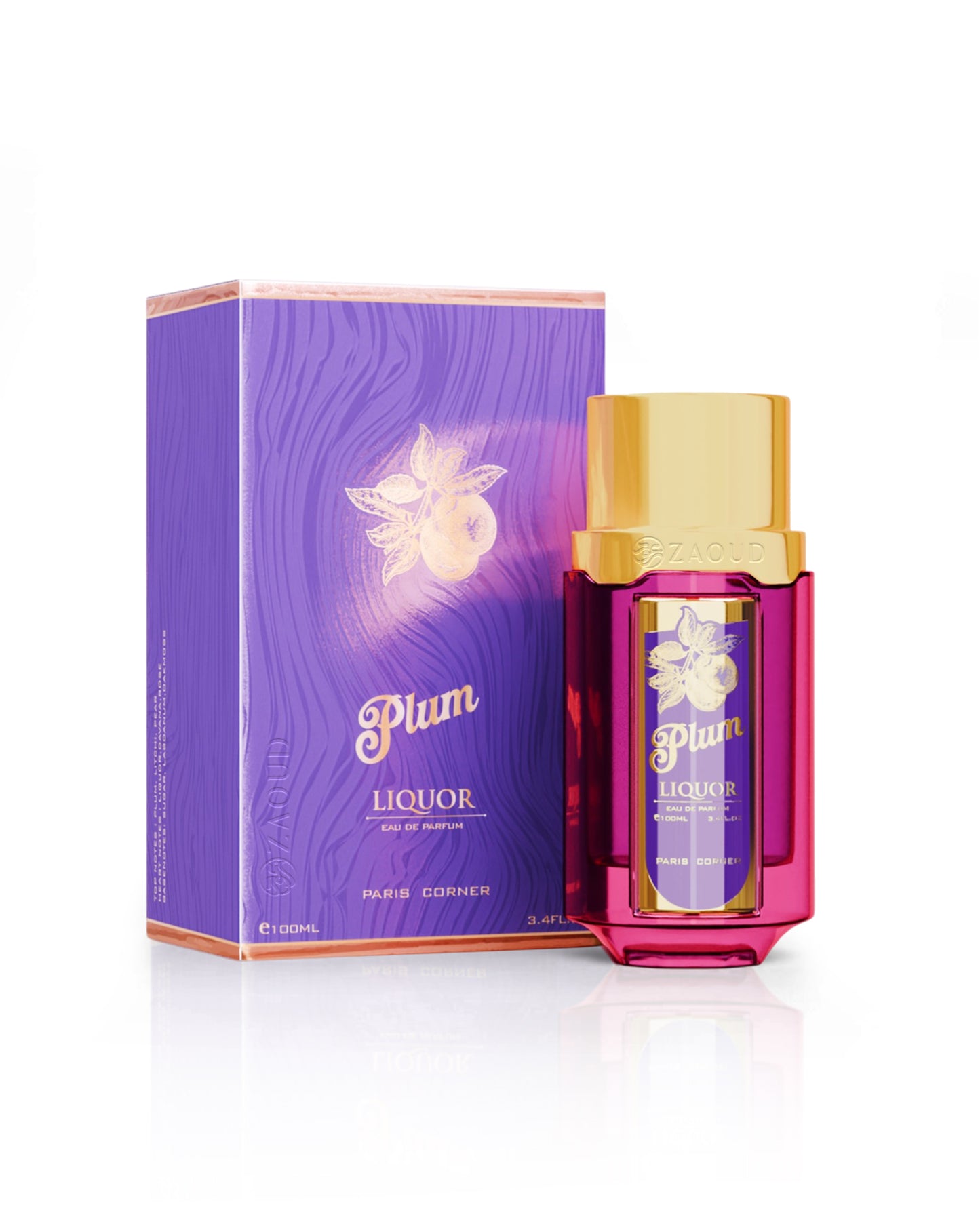 Paris corner plum liquor perfume bottle shows beside its packaging against white background