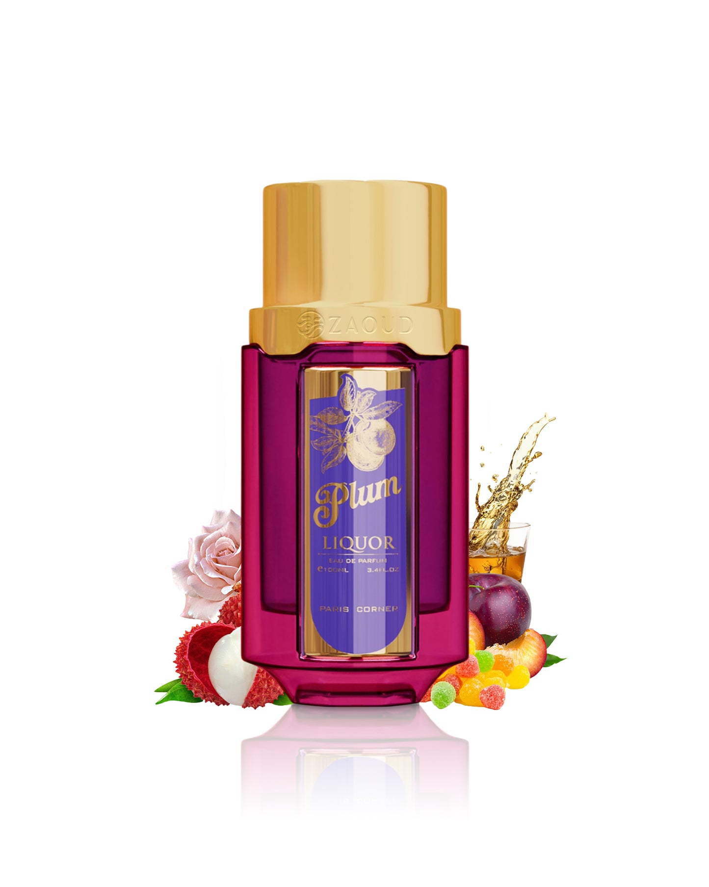 Paris corner plum liquor perfume bottle surrounded by fragrance notes like litchi and plum shows against white background