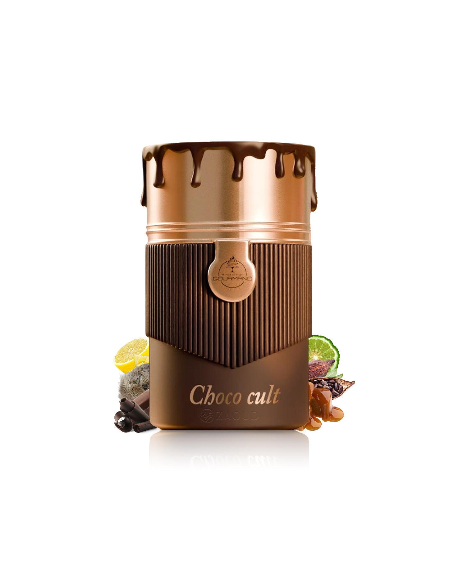 paris corner choco cult perfume bottle surrounded with fragrance notes like chocolate and caramel shows against white background