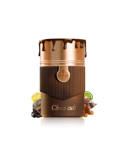 paris corner choco cult perfume bottle surrounded with fragrance notes like chocolate and caramel shows against white background