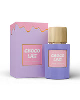 paris corner choco lait perfume bottle shows besides its packaging against white background