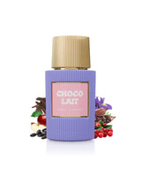 paris corner choco lait perfume bottle surrounded by fragrance notes like apple and spices shows against white background