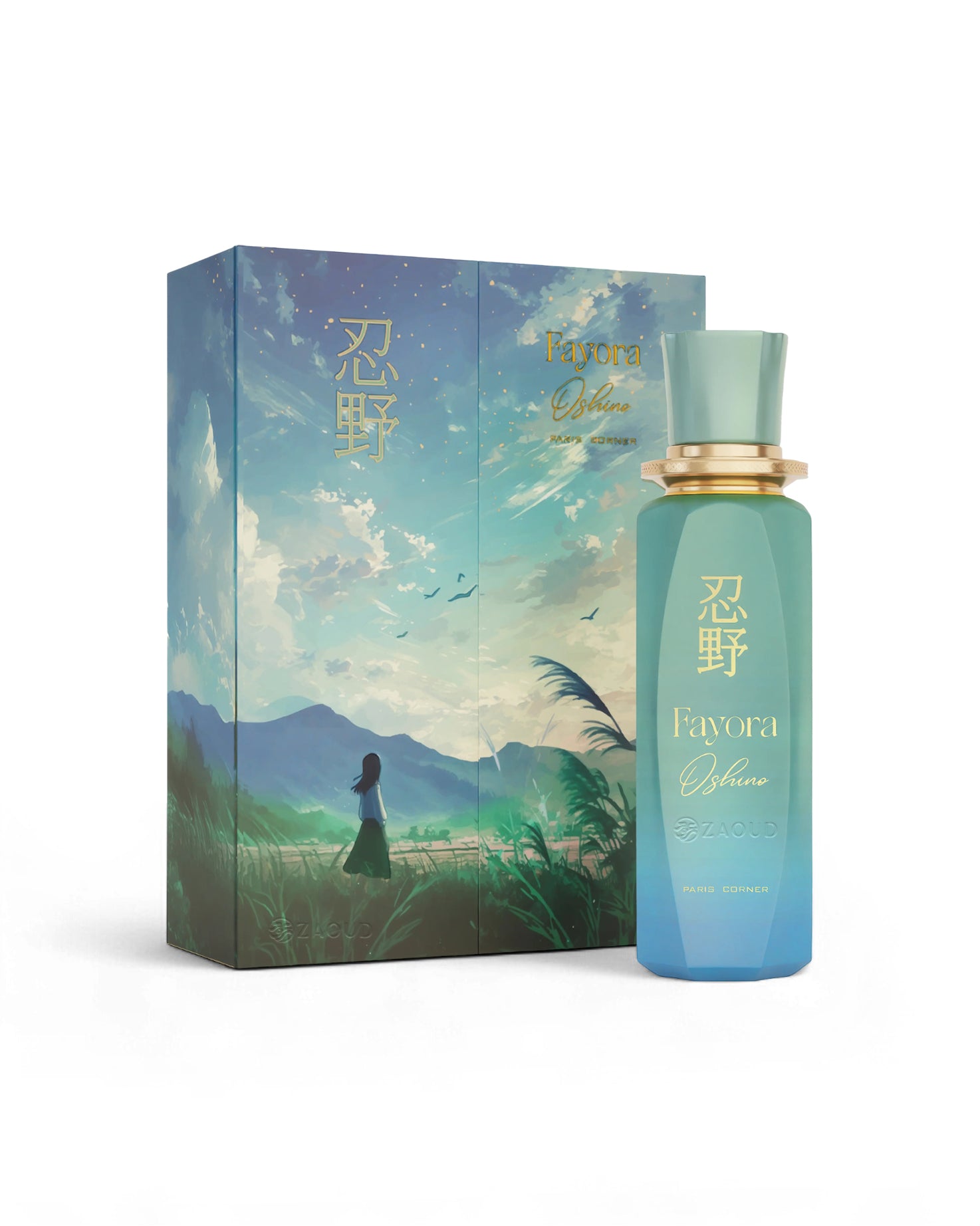 paris corner fayora oshino perfume bottle shows beside its packaging against white background