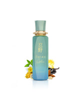 paris corner fayora oshino perfume bottle surrounded by fragrance notes like almond and frangipani shows against white background