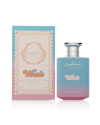 paris corner taskeen wowie perfume bottle shows beside its packaging against white background