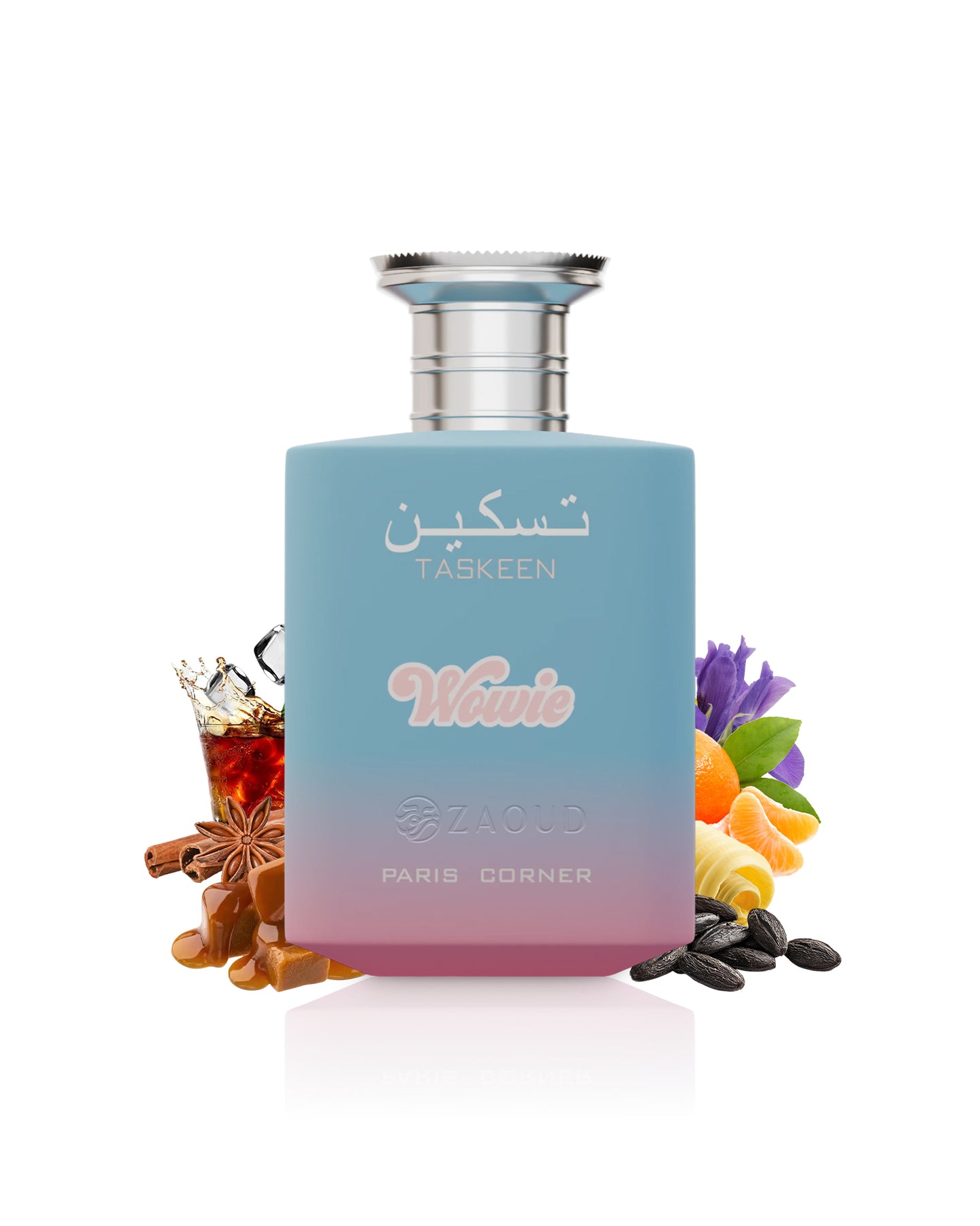 paris corner taskeen wowie perfume bottle surrounded by fragrance notes like caramel and orange shows against white background
