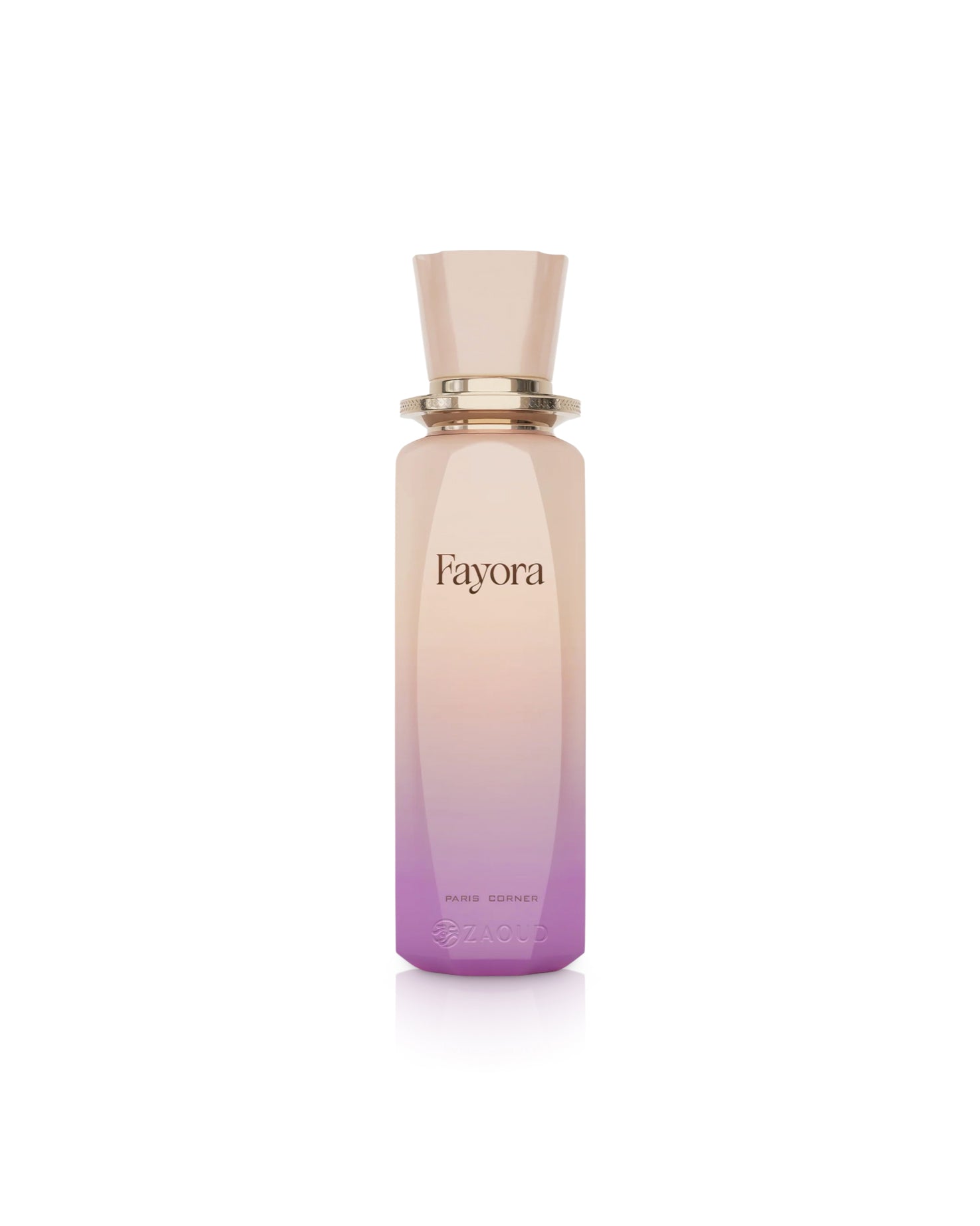 paris corner fayora Gradient pink to purple perfume bottle with 'Fayora' branding on a white background