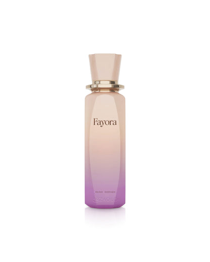 paris corner fayora Gradient pink to purple perfume bottle with 'Fayora' branding on a white background