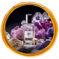 Powdery Perfume bottle surrounded with talcom powders with iris flowers at background