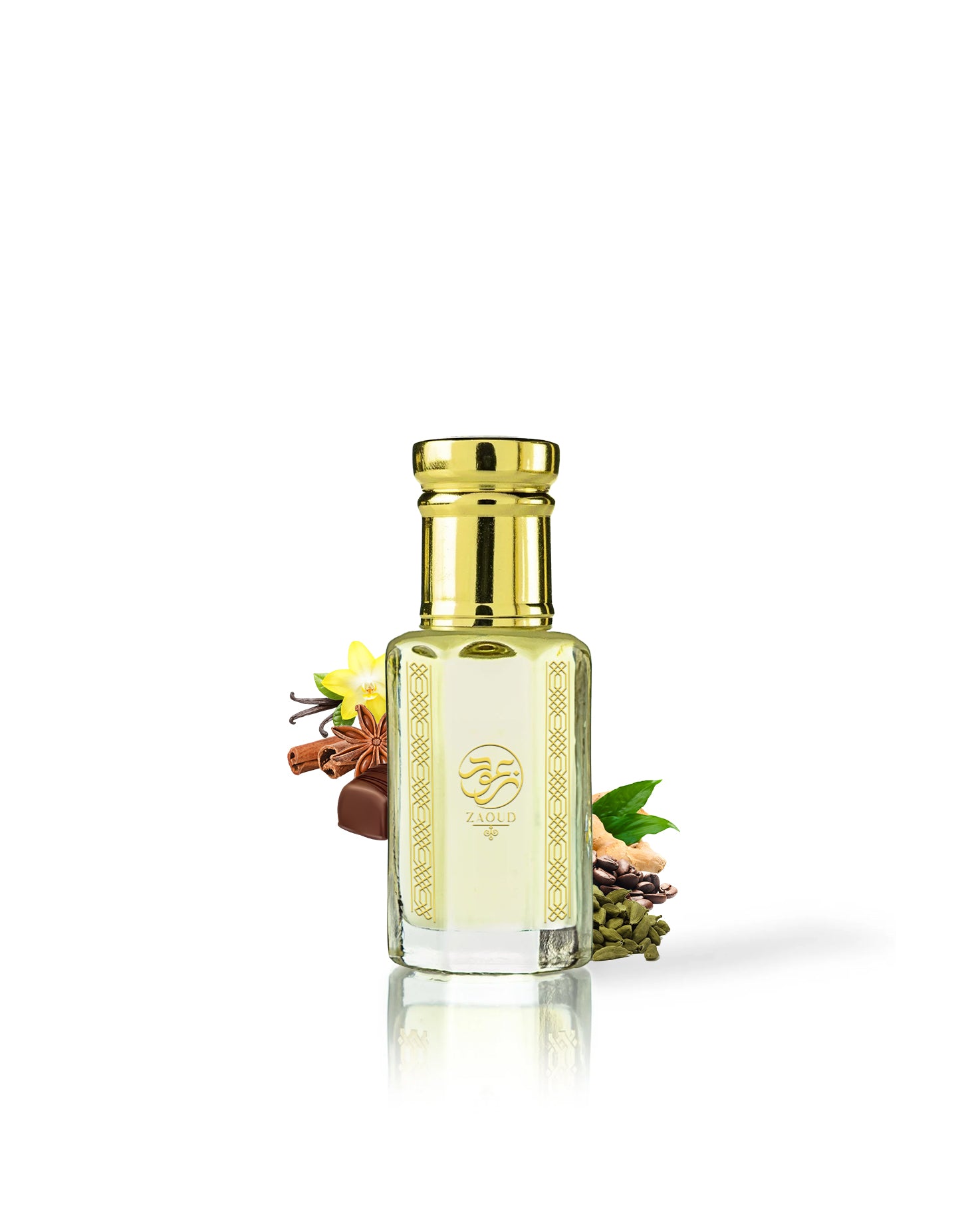 qahwa perfume oil bottle surrounded by fragrance notes like cardamom and praline shows against white background