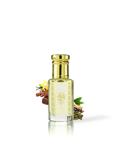 qahwa perfume oil bottle surrounded by fragrance notes like cardamom and praline shows against white background