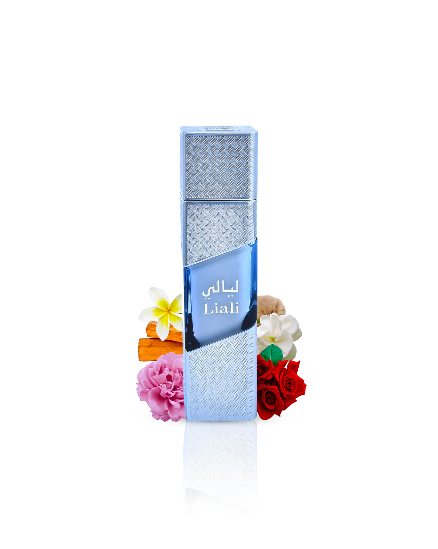 LIALI AQUA PARFUM BY NASEEM PERFUMES BOTTLE SURROUNDED WITH INGREDIENTS LIKE ROSE AND AMBER SHOWS FROM BEHIND THE BOTTLE AGAINST WHITE BACKGROUND