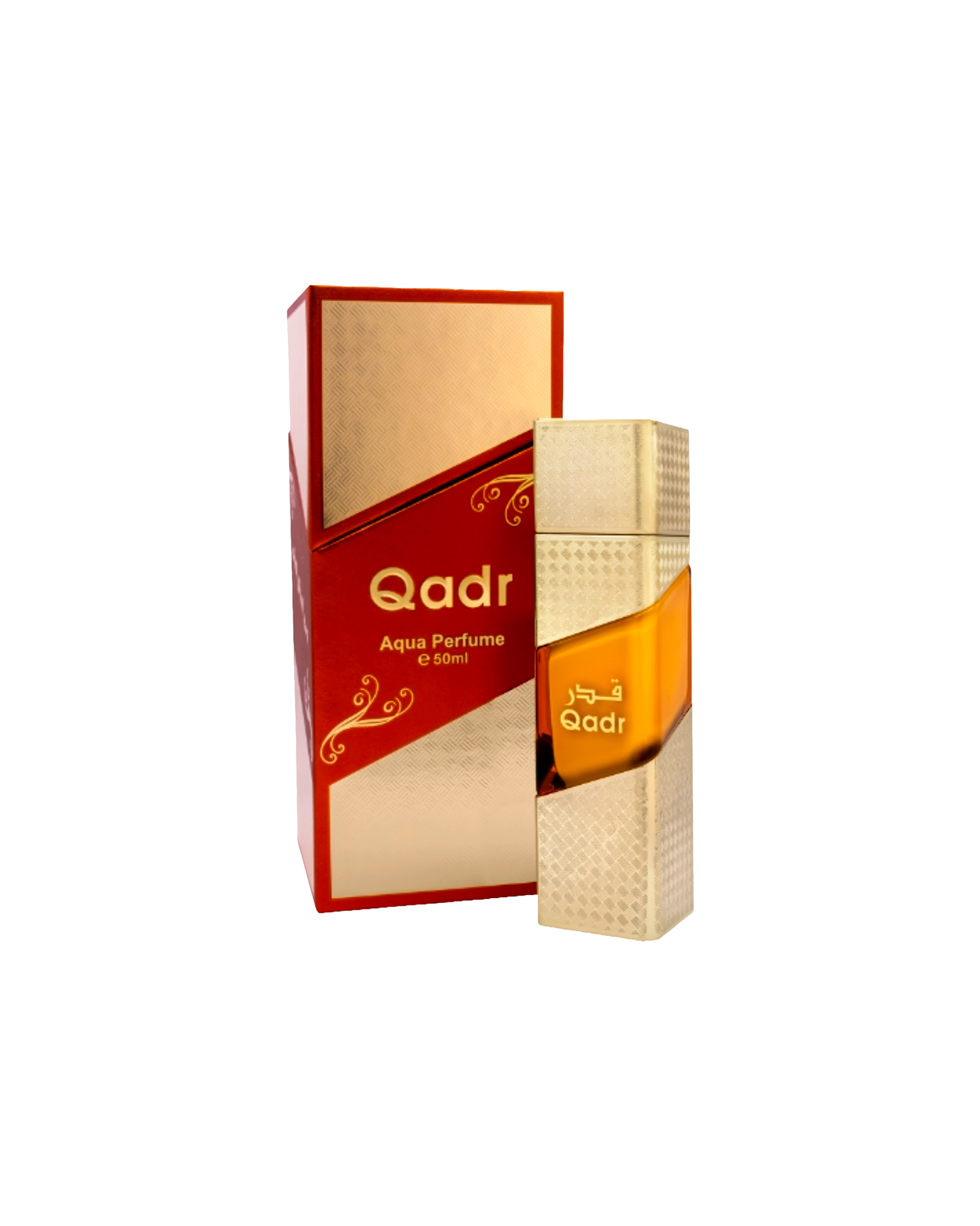 qadr aqua parfum by naseem perfume bottle beside its box shows against white background