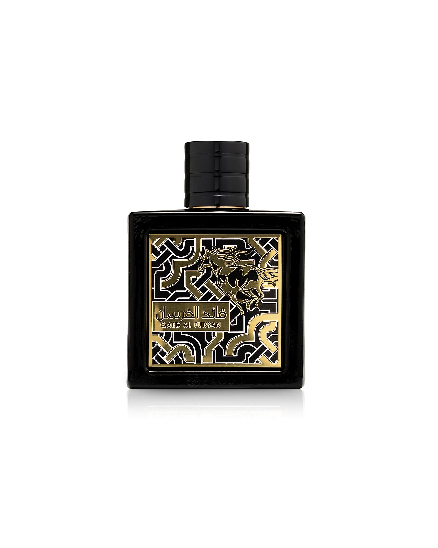 lattafa qaed al fursan black perfume bottle shows against white background