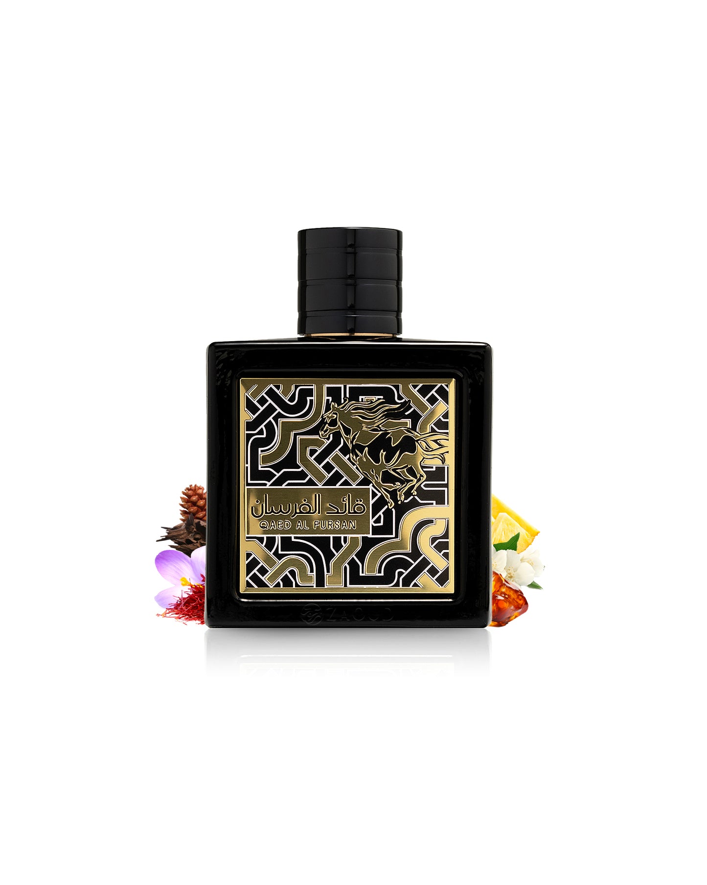 lattafa qaed al fursan black perfume bottle surrounded with fragrance notes like saffron and ananas shows against white background