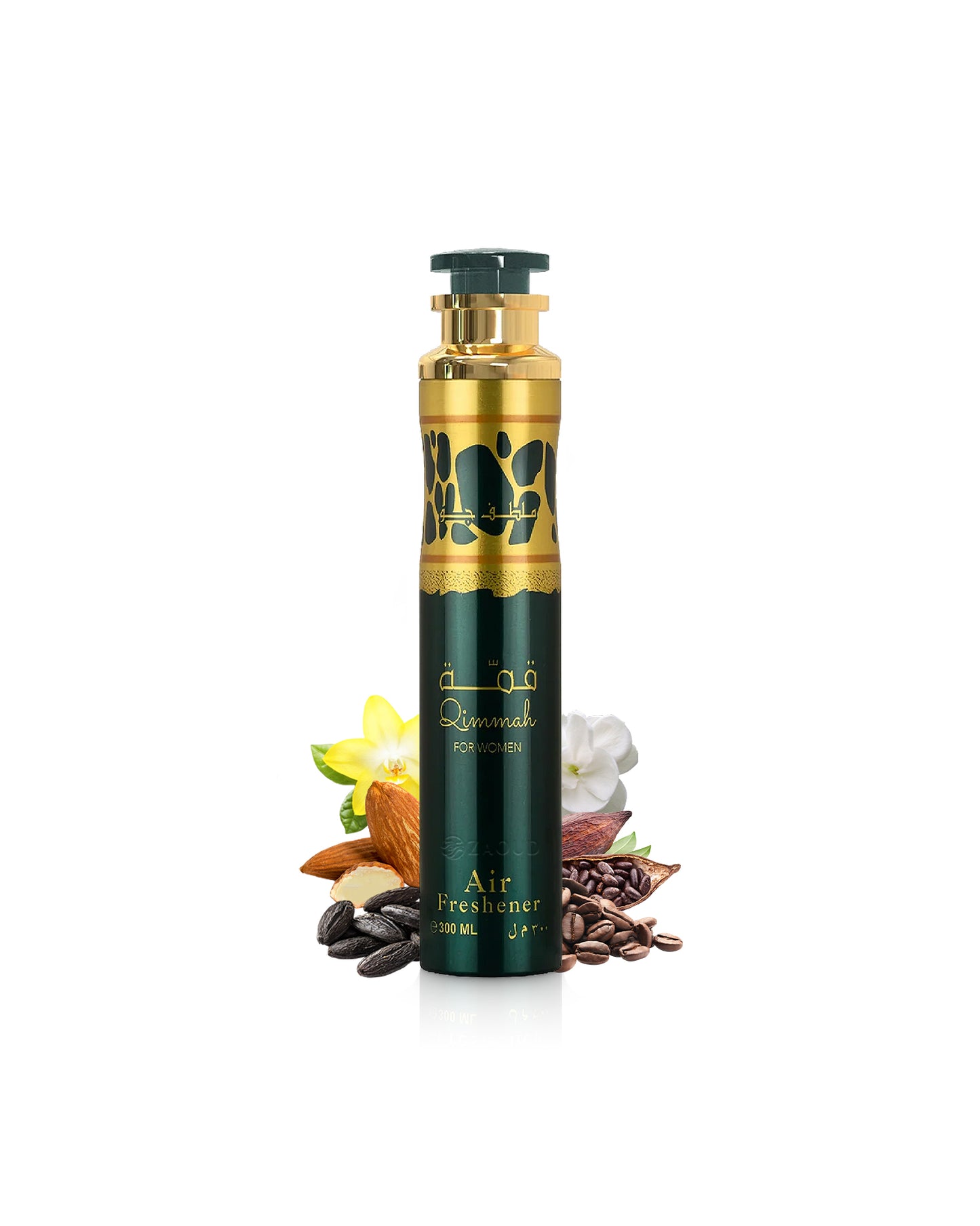 qimmah for women air freshener bottle surrounded by fragrance notes like coffee and almond shows against white background