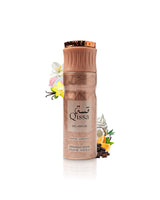 qissa delicious deodorant can surrounded with fragrance notes like chocolate and vanilla shows against white background