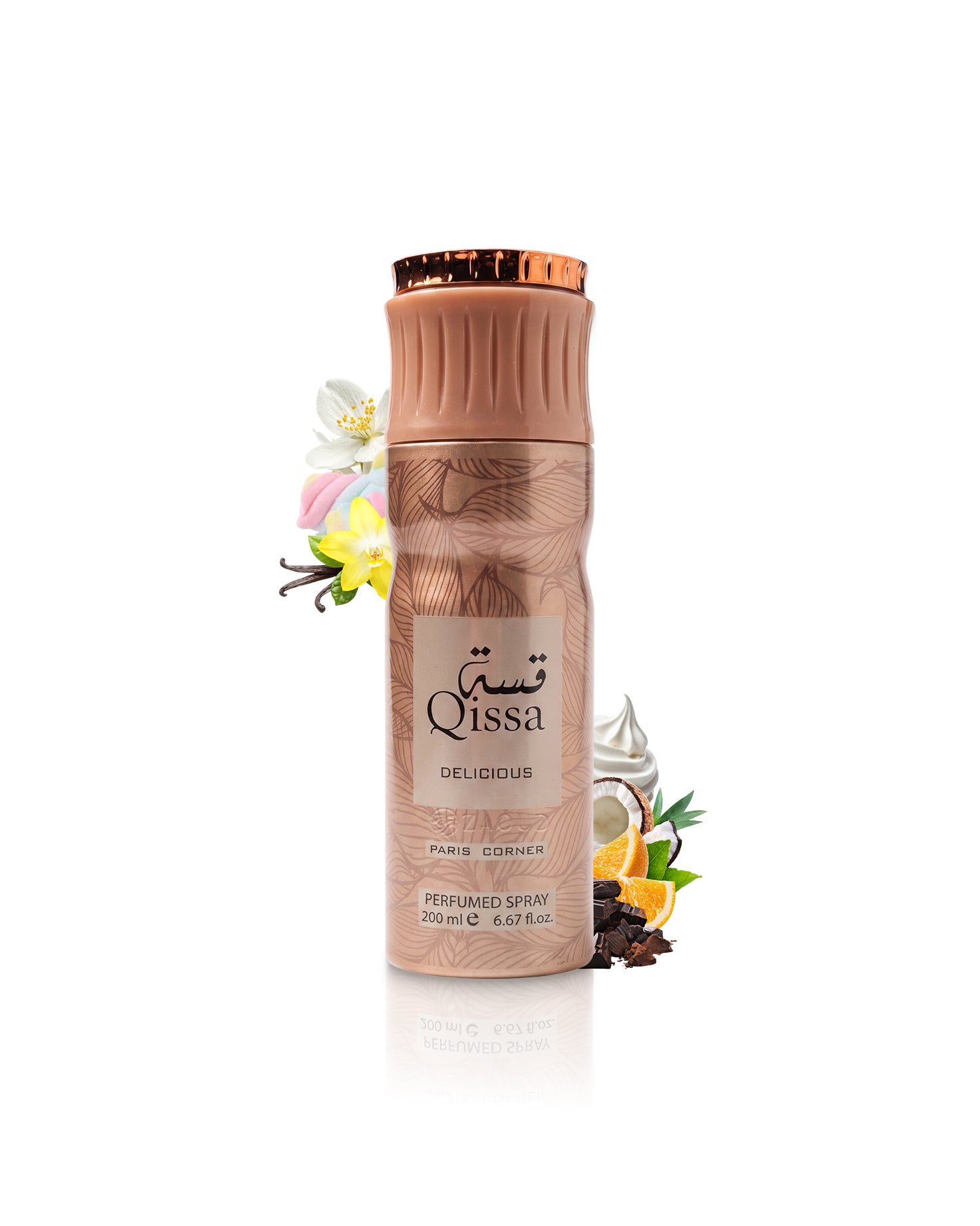 qissa delicious deodorant can surrounded with fragrance notes like chocolate and vanilla shows against white background