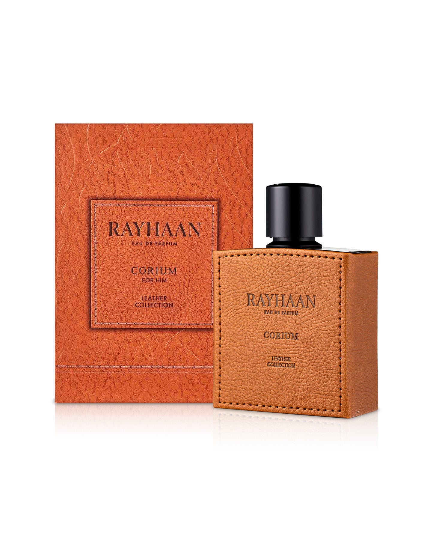 rayhaan corium perfume leather bottle shows beside its box against white background 