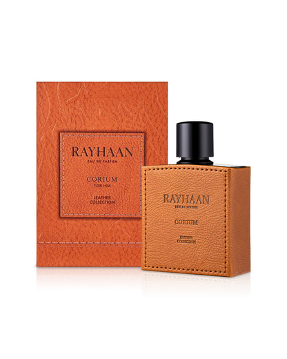 rayhaan corium perfume leather bottle shows beside its box against white background 