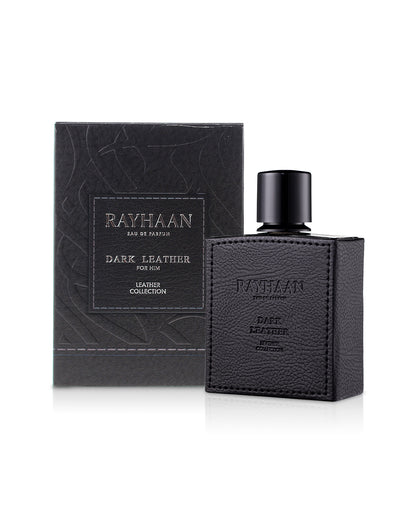 rayhaan dark leather perfume leather bottle shoes beside its box against white background