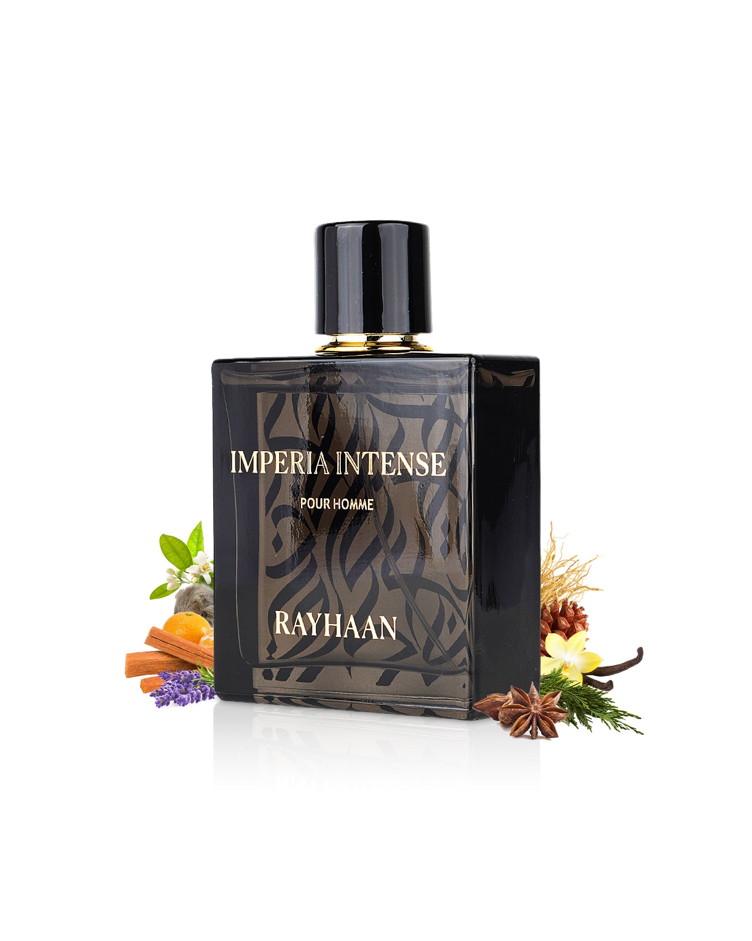 rayhaan imperia intense perfume bottle surrounded with its ingredients like star anise and vanilla with many others like orange shows from behind the bottle against white background