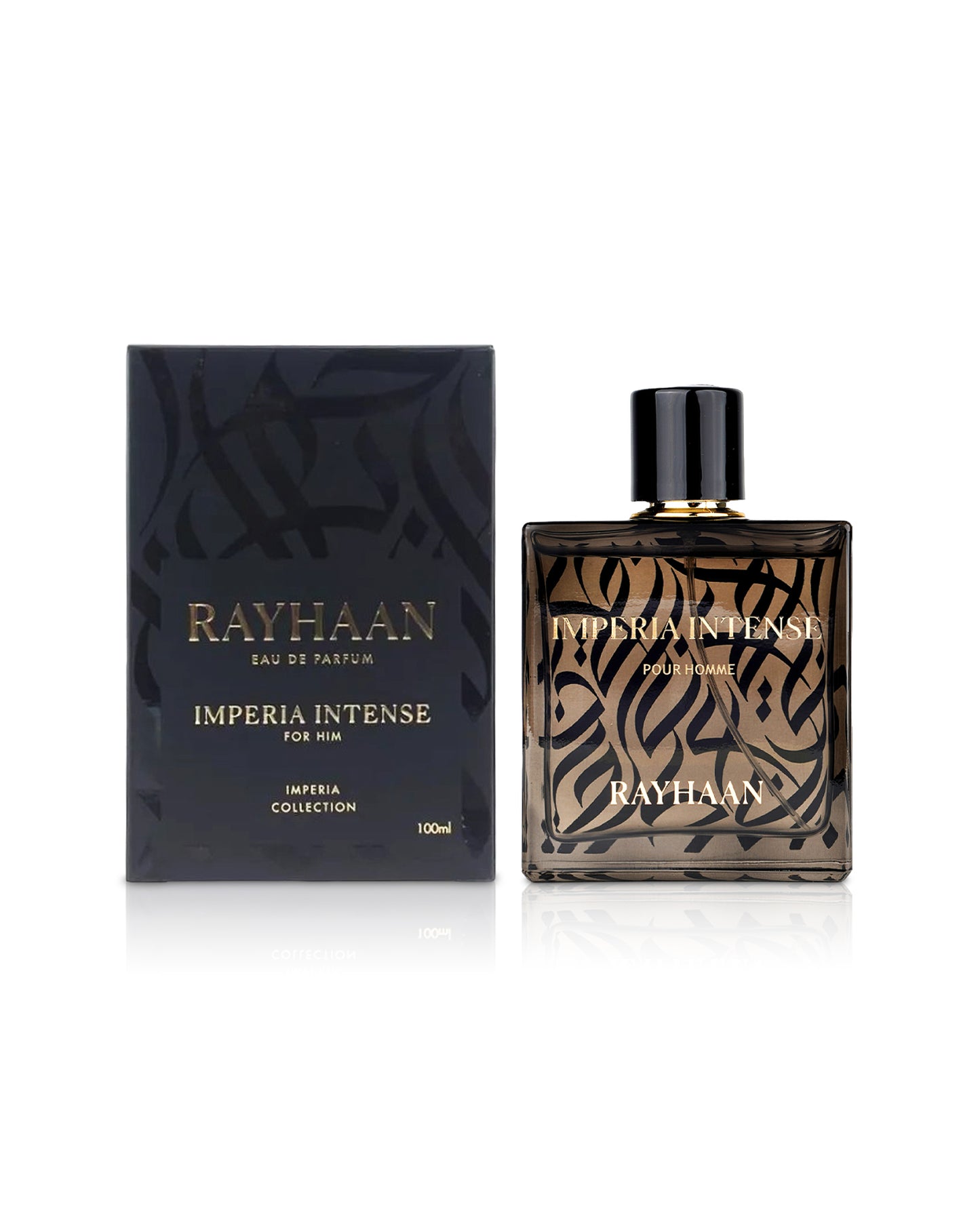 rayhaan imperia intense perfume bottle shows beside its box against white background