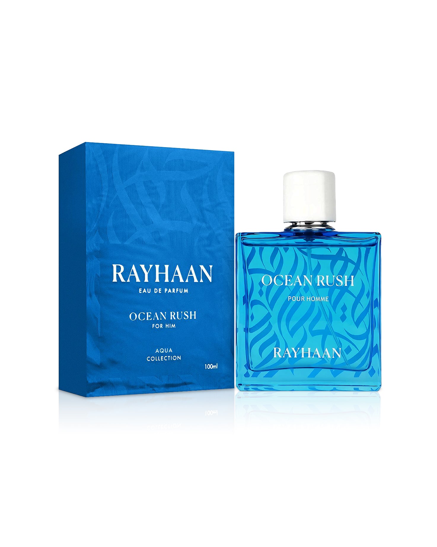 rayhaan ocean rush perfume bottle shows beside its box against white background