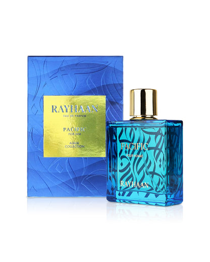 rayhaan pacific perfume bottle shows beside its box against white background