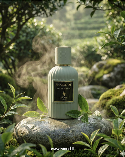 Rhapsody perfume bottle on a stone with a natural background