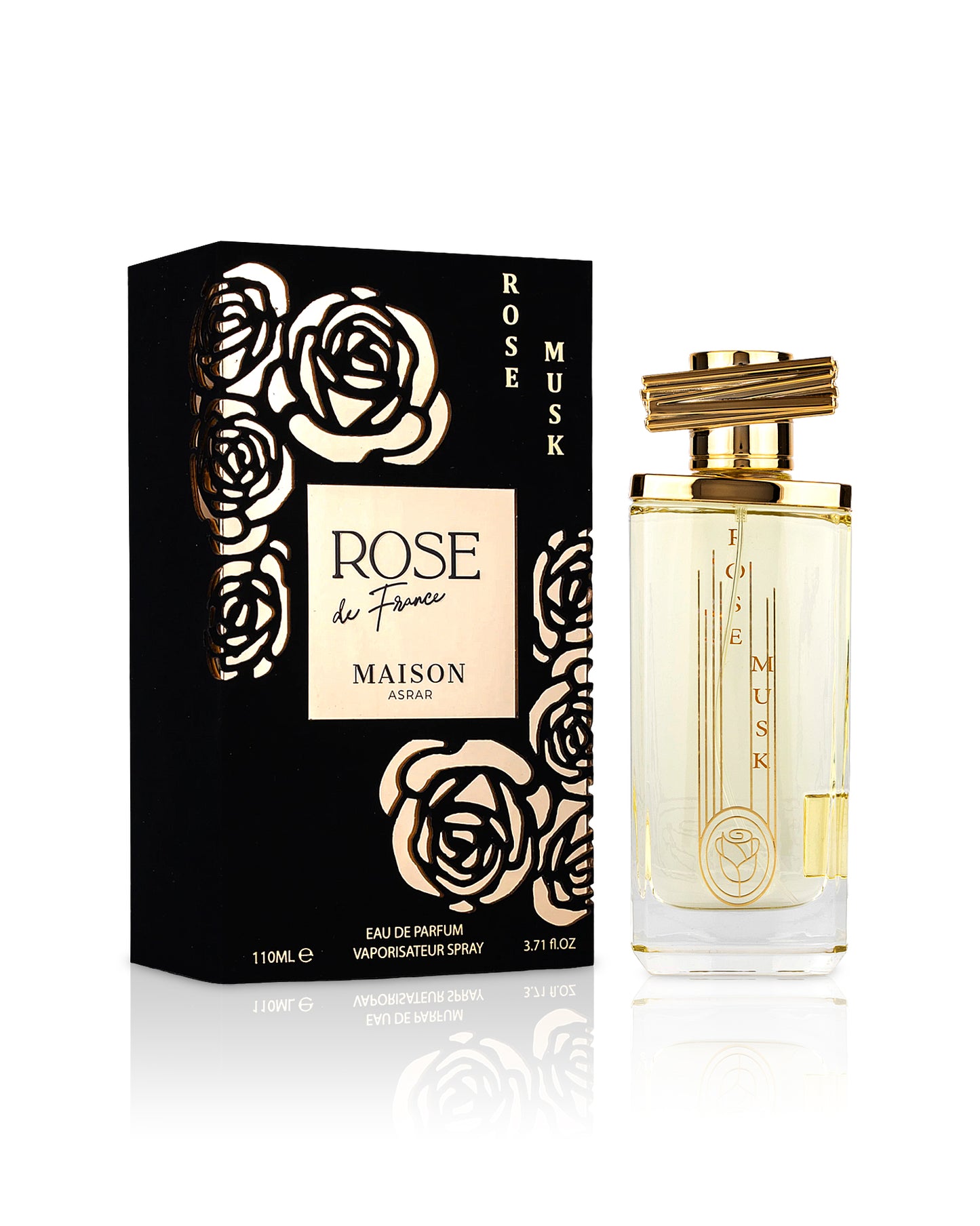 rose musk by maison asrar perfume bottle shows beside its box against white background