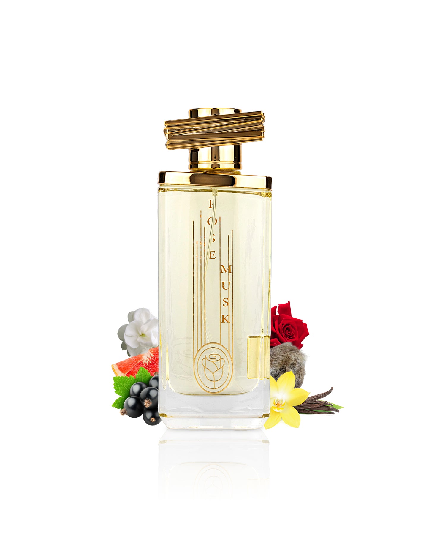 rose musk by maison asrar perfume bottle surrounded with its ingredients like rose and vanilla with many others shows from behind the bottle against white background