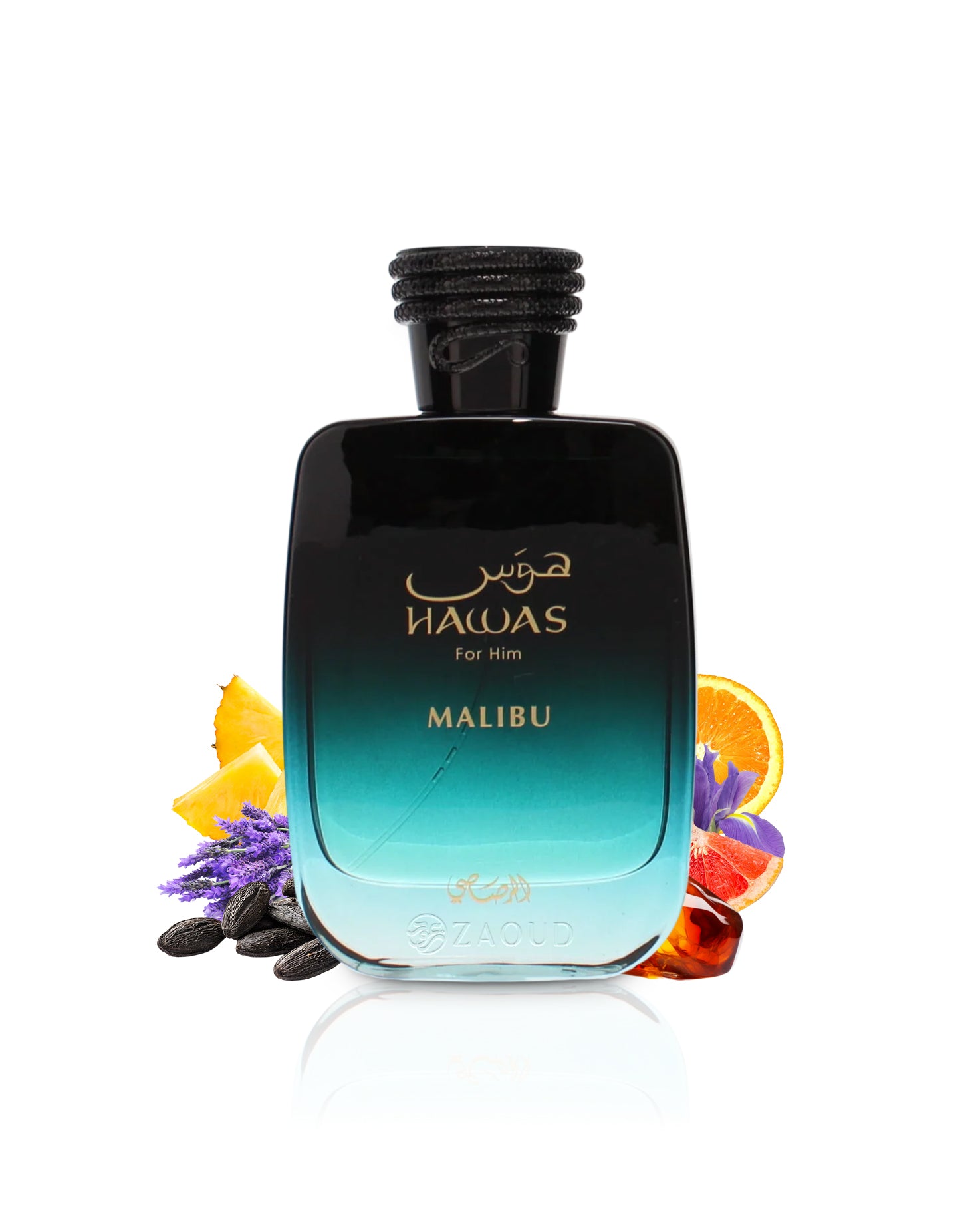rasasi hawas malibu perfume bottle surrounded by fragrance notes like tonka bean and ananas shows against white background