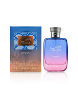 rasasi hawas london perfume bottle shows beside its packaging against white background