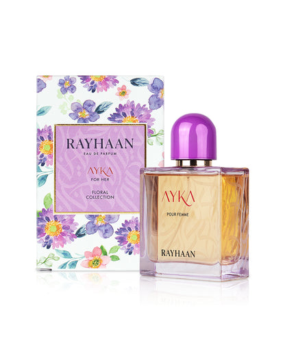 rayhaan ayka perfume bottle shows beside it's box against white background