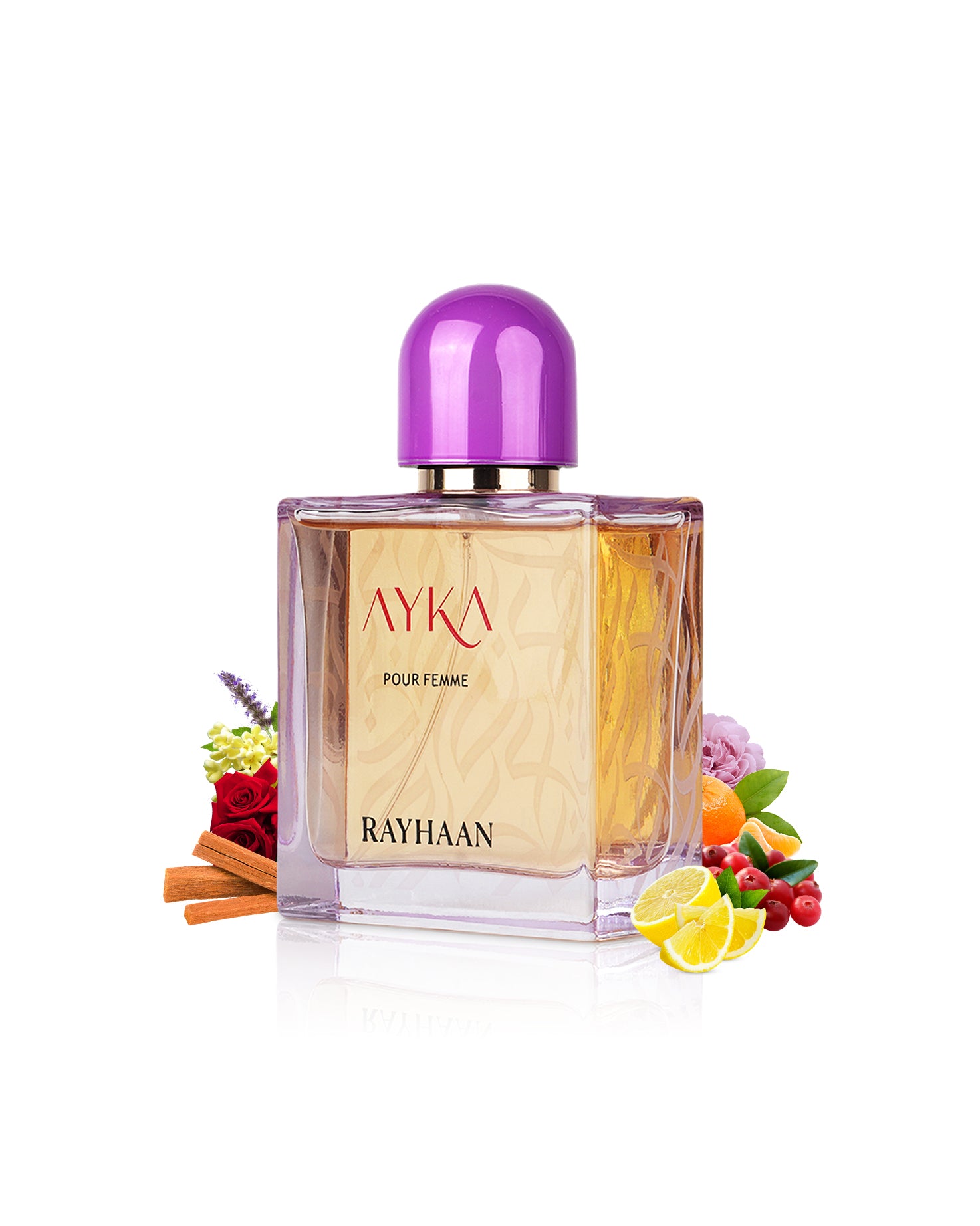 rayhaan ayka perfume bottle surrounded with its ingredients like citruses and rose with many others shows from behind the bottle  against white background