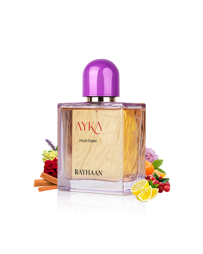 rayhaan ayka perfume bottle surrounded with its ingredients like citruses and rose with many others shows from behind the bottle  against white background