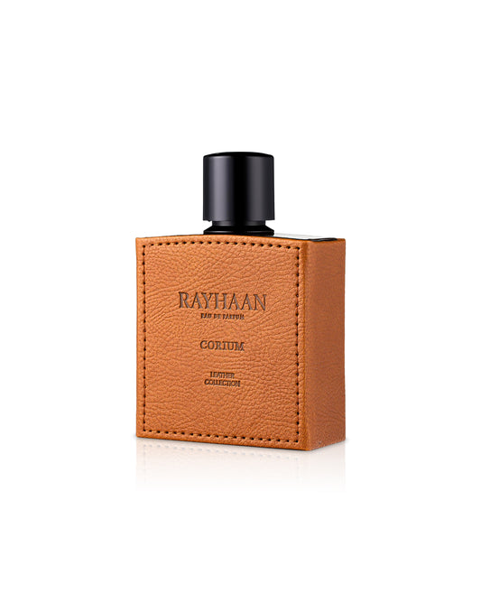 rayhaan corium Perfume bottle with brown leather case and black cap on a white background