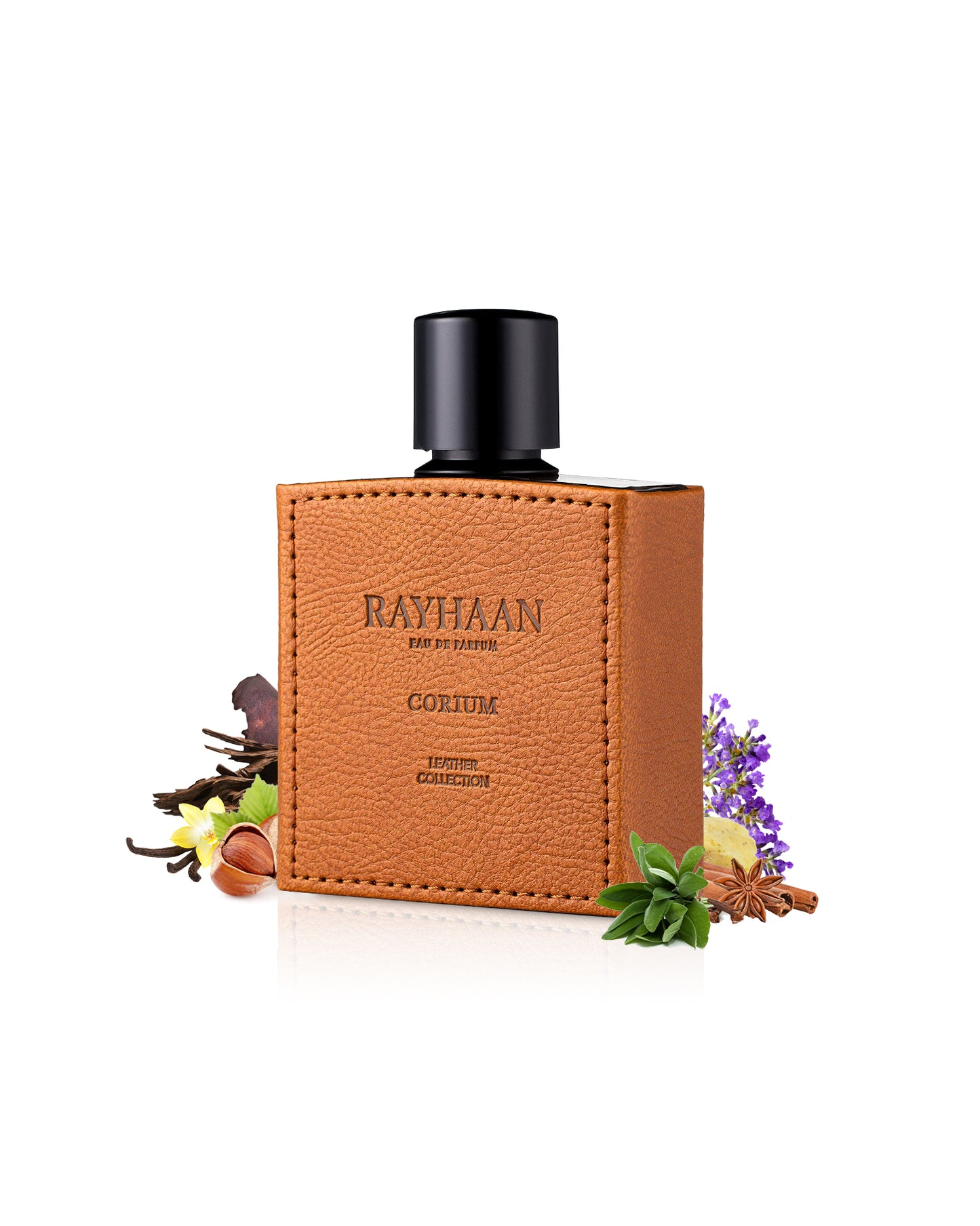 rayhaan corium perfume leather bottle surrounded with its ingredients like chestnut and sage with many othes like lavender shows from behind the bottle  against white background