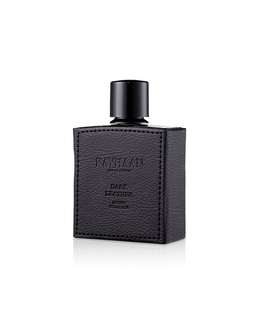 rayhaan dark leather perfume black leather bottle shows against white background