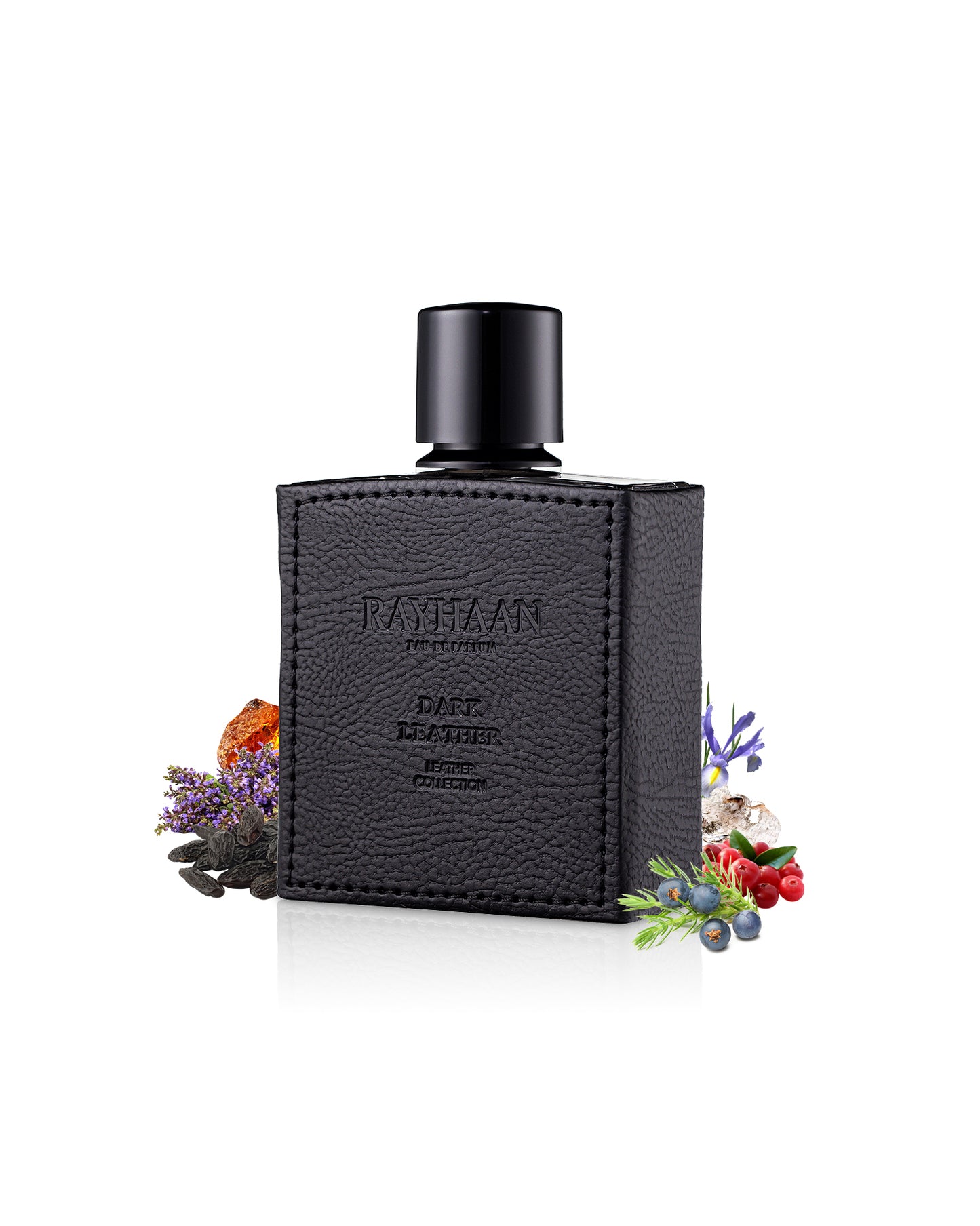 rayhaan dark leather perfume black leather bottle surrounded with its ingredients like tonka bean and amber with many others like juniper shows from behind the bottle against white background