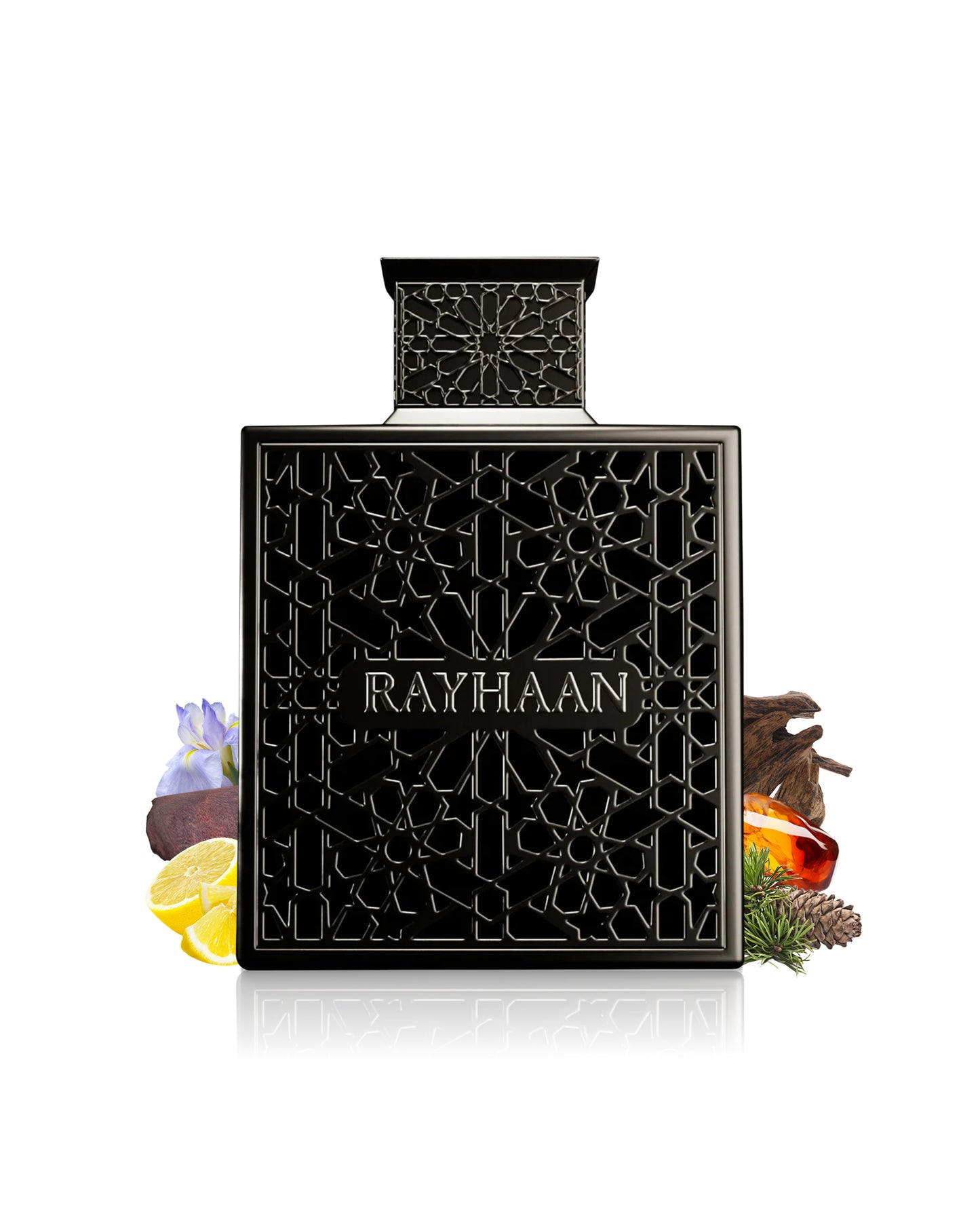 rayhaan obsidian perfume bottle surrounded by fragrance notes like iris and oud shows against white background